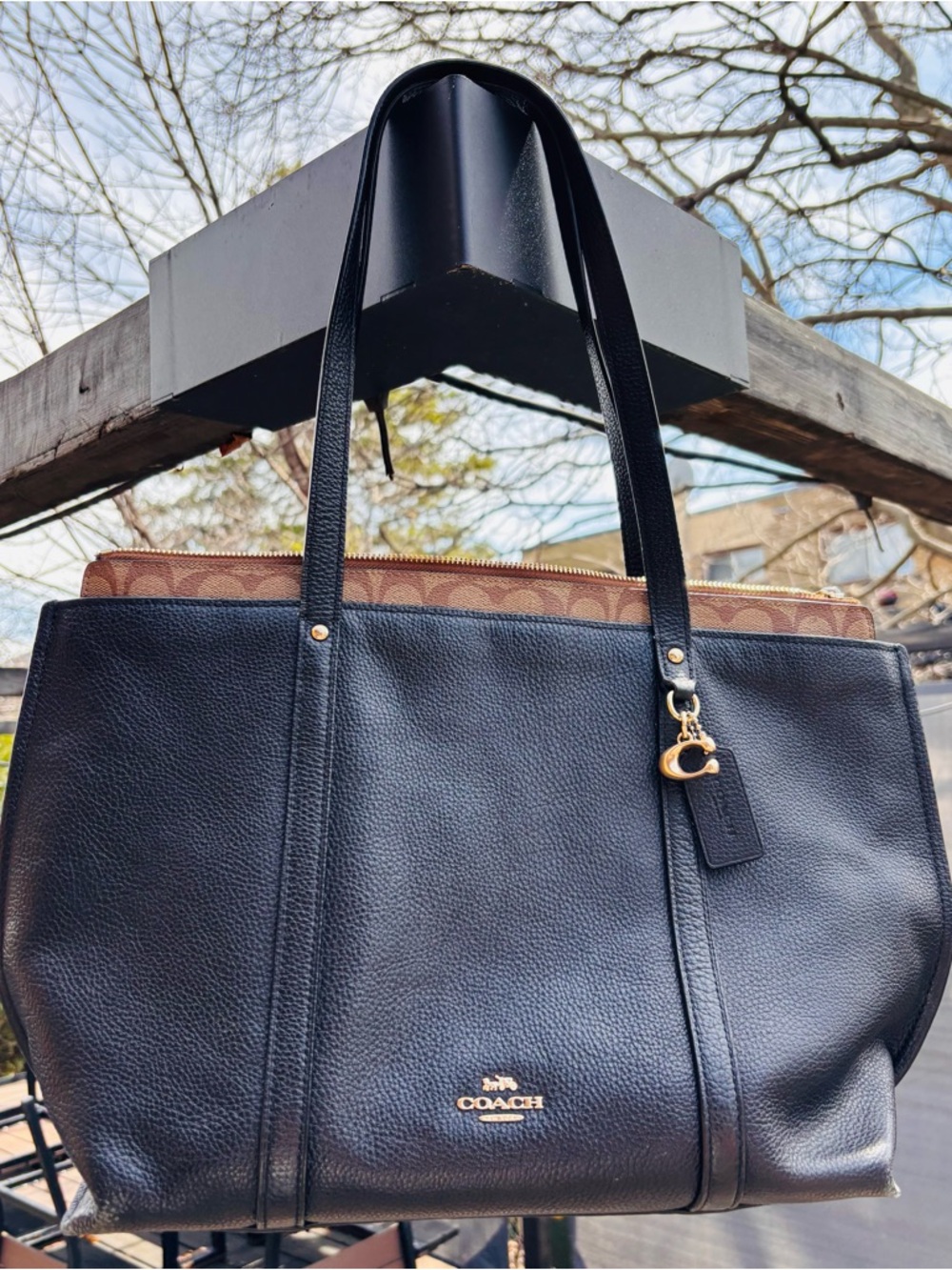 Coach Black Pebbled Leather Tote with Brown Signature Zip Pouch